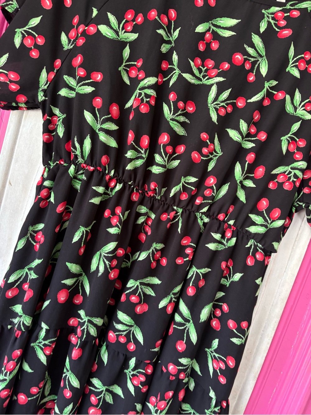 Black Cherry Print pin up vintage retro Midi Dress with Elastic Waist - Picture 3 of 8